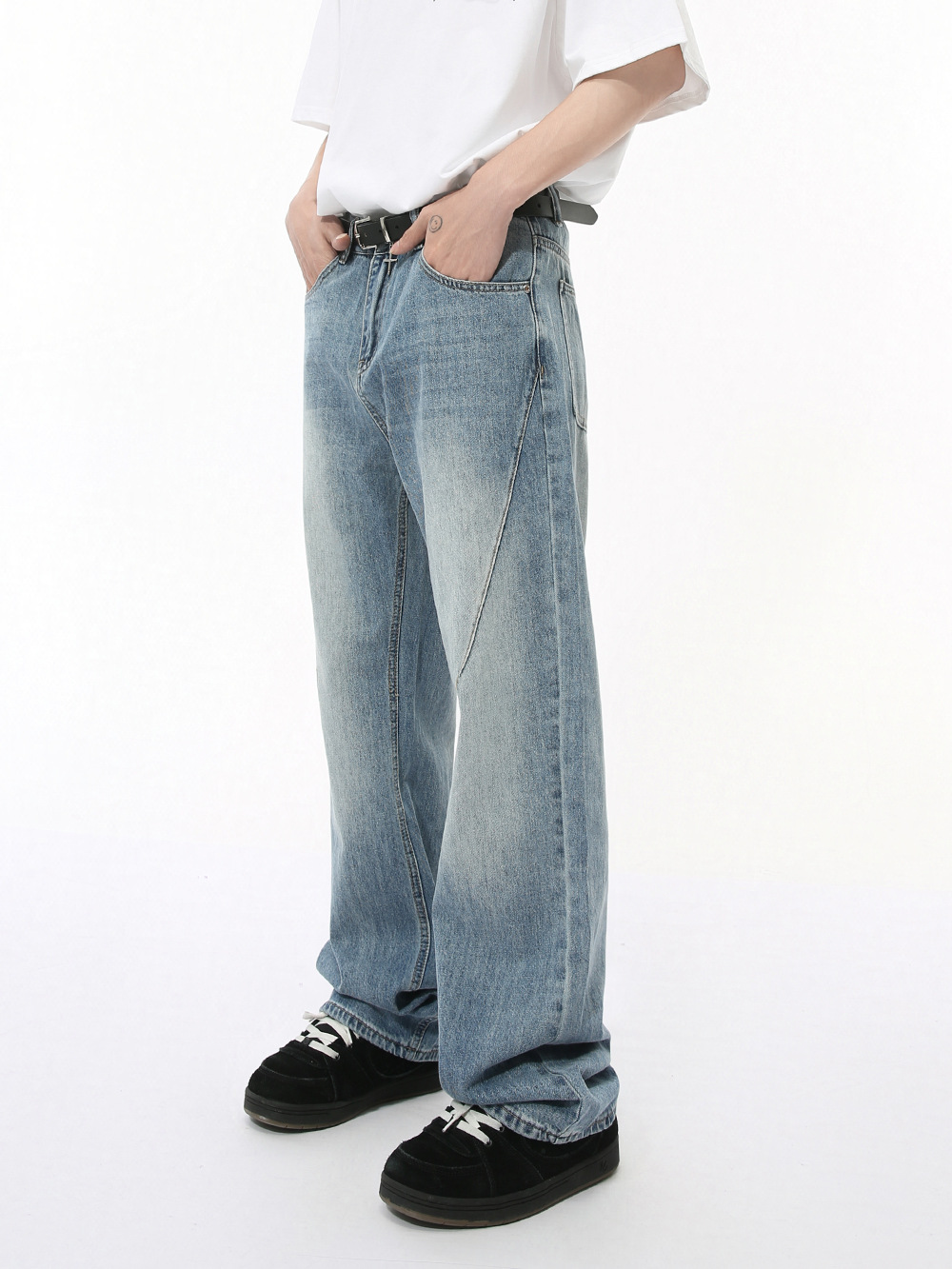 MTLCLOTHES Hombres| Otoño retro hacer viejos lavados molidos vaqueros blancos sueltos pantalones casuales de tope de piso