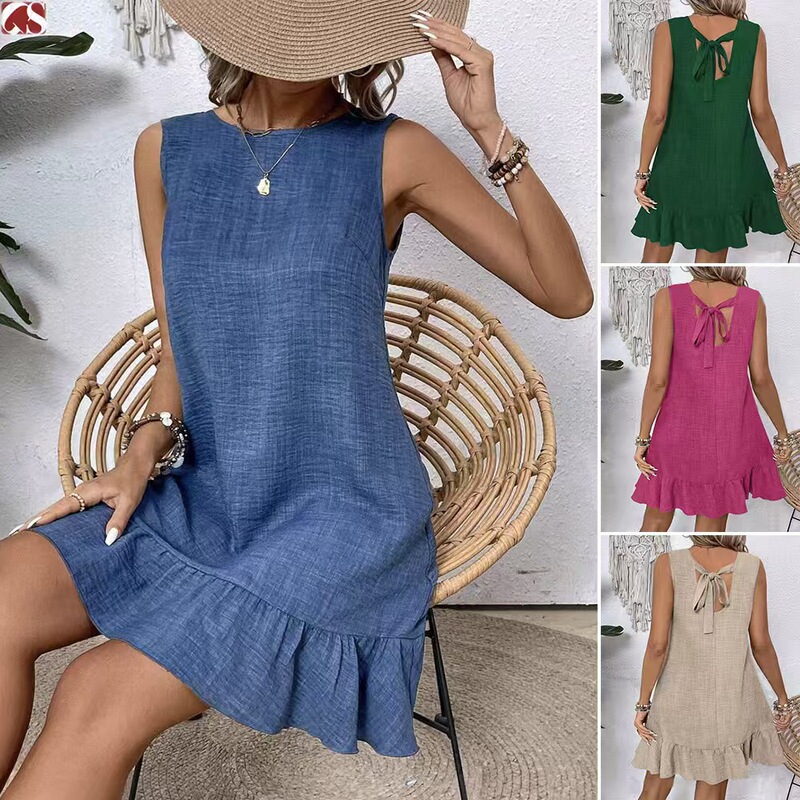 2025 European and American Cross-border TEMU Spring and Summer New Hot Lace-up Vacation Skirt Ruffled Sleeveless Casual dress Women