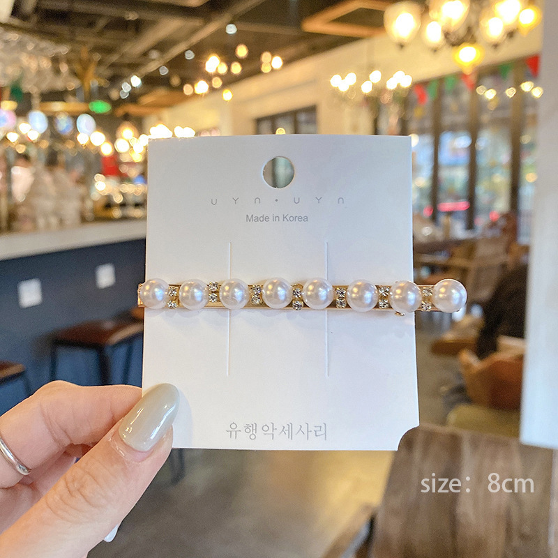 Pasador de pelo de perlas de alta gama estilo francés para mujer, clip para flequillo lateral, elegante clip para el pelo de la frente, accesorio para el pelo tipo pico de pato.