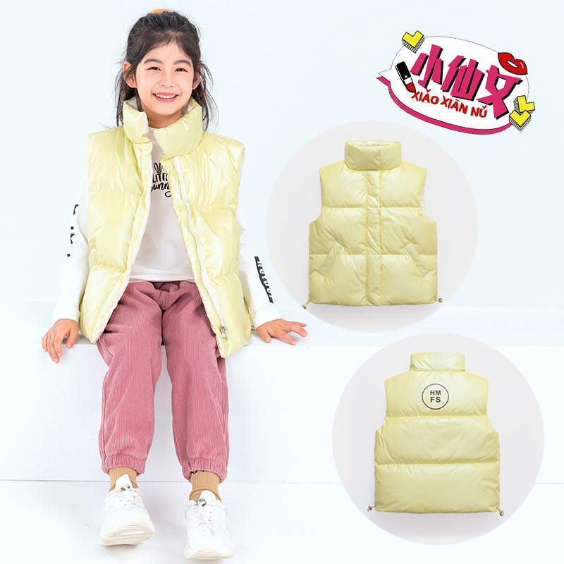 Otoño e Invierno nuevas niñas niños medio y grandes espesado chaleco collar de color sólido abajo chaqueta chaleco