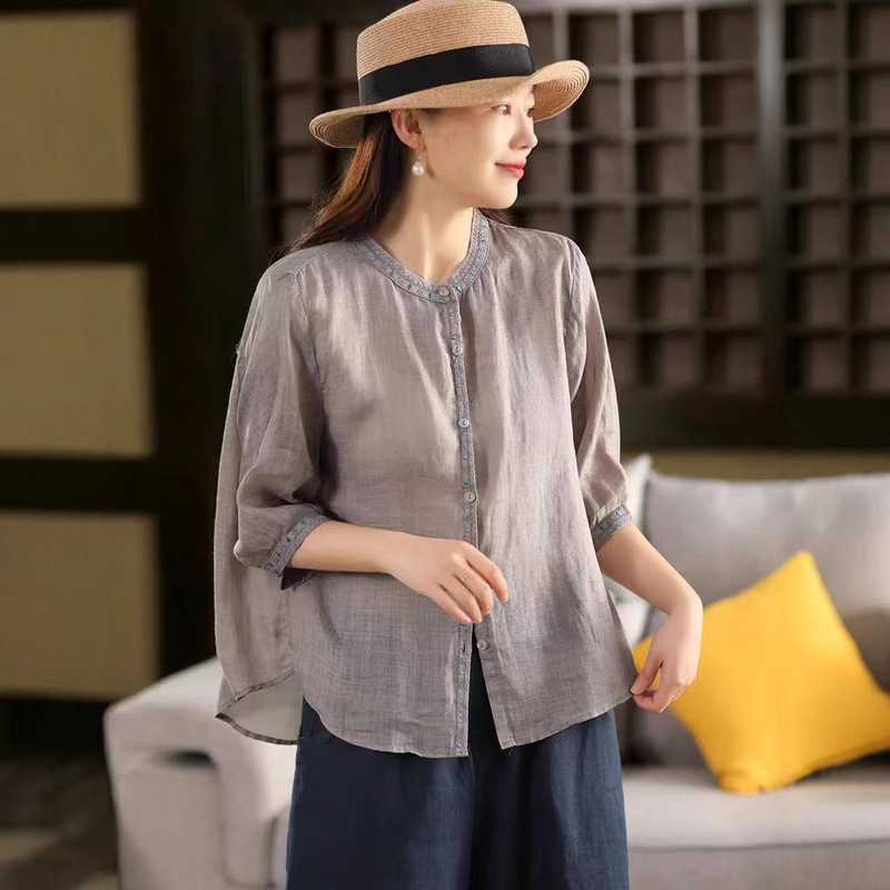 Stand Collar Single-Breasted Embroidered Ramie Shirt 2026 Summer New Stone-Washed Twill Linen Shirt Elegant Cardigan for Women