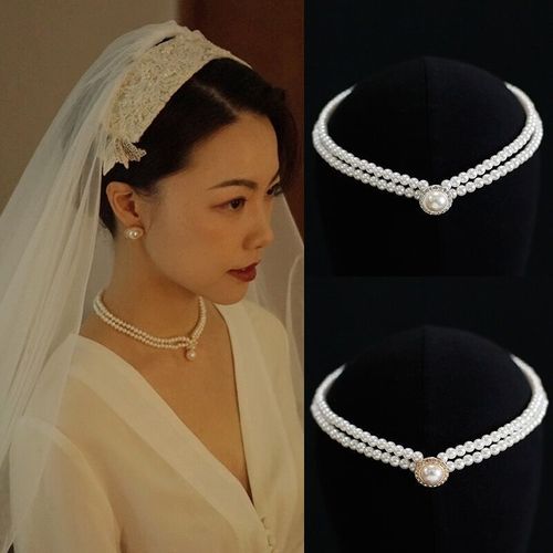 European and American retro double-layered pearl necklace with diamond earrings, Western-style bridal jewelry, choker, versatile wedding accessories