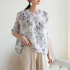 品質2025春夏三宅高端褶皺新中式田園風印花休閒百搭上衣T恤