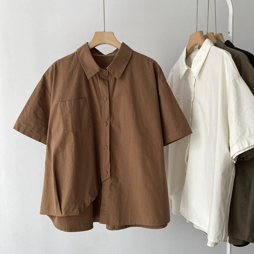 Vintage loose cotton-linen short-sleeve mens shirt, simple collar, outerwear, breathable, sweat-absorbent, half-sleeve top.