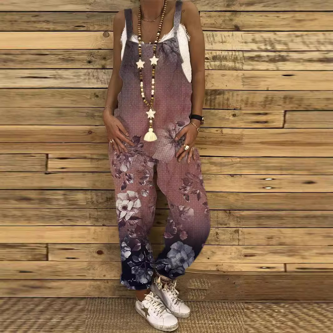 Amazon Slub Ladies Summer Sweet Small Fresh Print Vintage Strap Jumpsuit Multicolor Spot