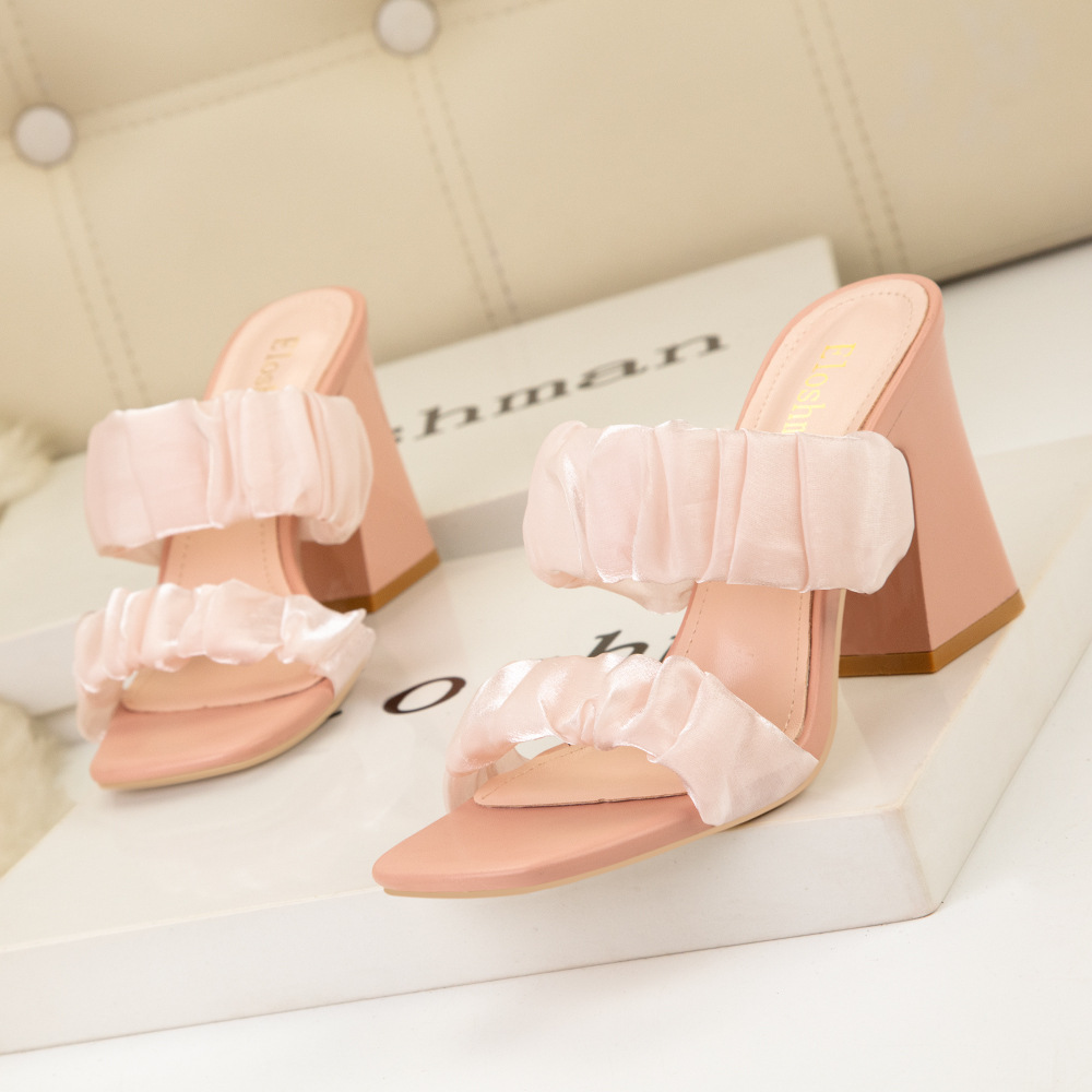 318-12 simple solid color sexy square head flip flop open toe thick heel high-heeled shoes with transparent strap and sandals for women