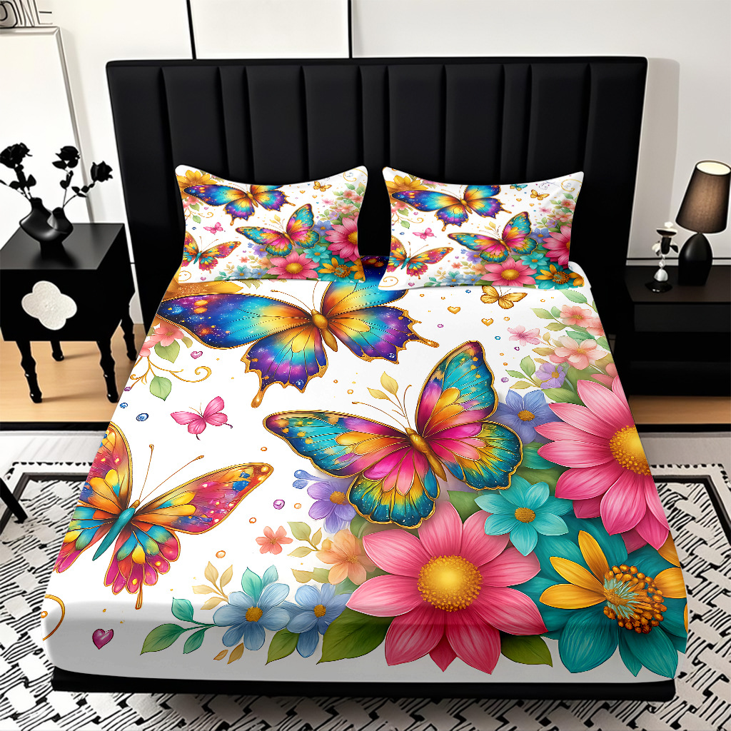 TEMU / JIT Transfronterizo para la serie de mariposas multicolores 3D impresión digital cama cama almohada kit de diseño se puede fijar