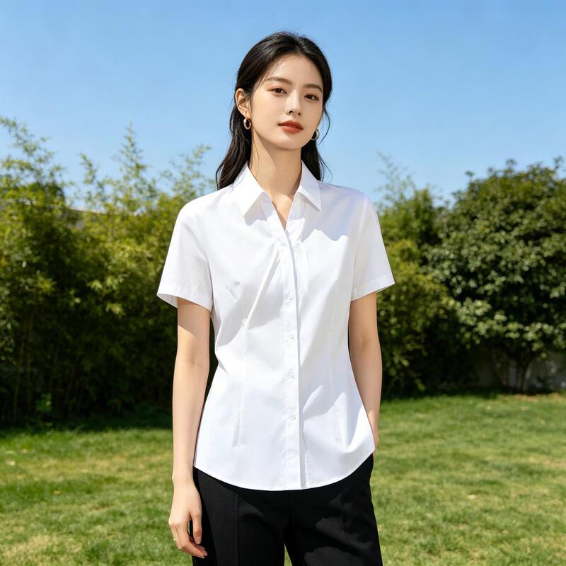 White Shirt for Women, Summer Thin Style, Formal Workwear, Professional Interview Shirt, Slim Fit, Elegant Short-Sleeve Top, Work Uniform