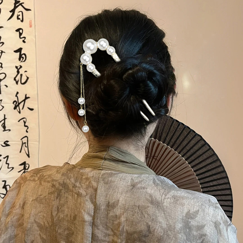 珍珠U型发簪现代气质簪子女式后脑勺丸子头盘发发插子