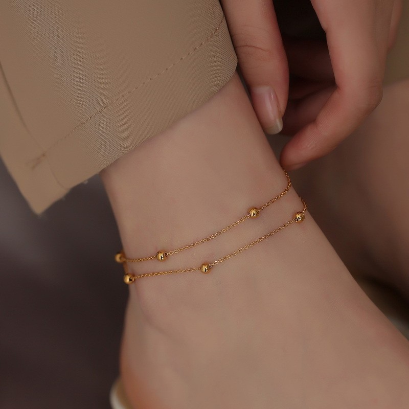 Niche design trendy double-layer bead anklet for women 18K gold cold style high-end forest titanium steel new anklet
