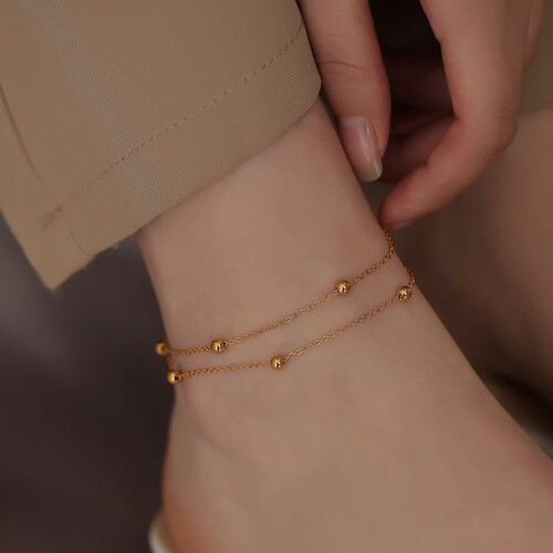 Niche design trendy double-layer bead anklet for women 18K gold cold style high-end forest titanium steel new anklet