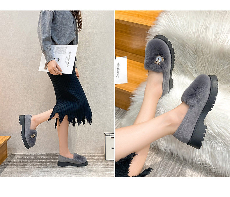 Giày bông nữ lót lông dày, kiểu xỏ chân đế dày chống trơn trượt, gót 3–5 cm — Màu xám, Màu đen chi tiết 15