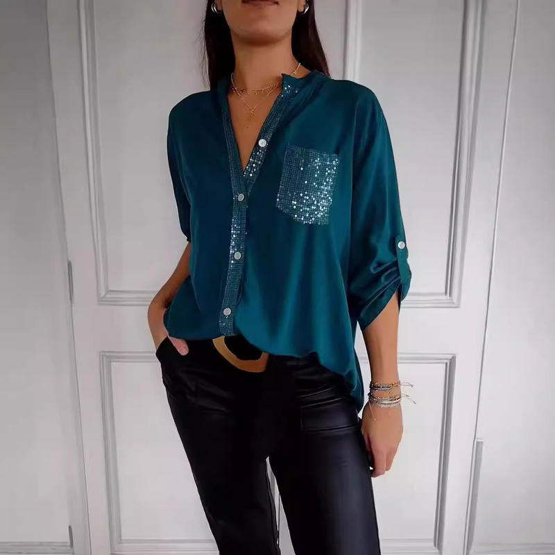 Cross-Border European and American 2025 Spring and Autumn New Loose Casual Sequin Pocket Long-Sleeve Single-Breasted Multi-Button Women's Shirt Cross-Border European and American 2025 Spring and Autumn New Loose Casual Sequin Pocket Long-Sleeve Single-Breasted Multi-Button Women's Shirt