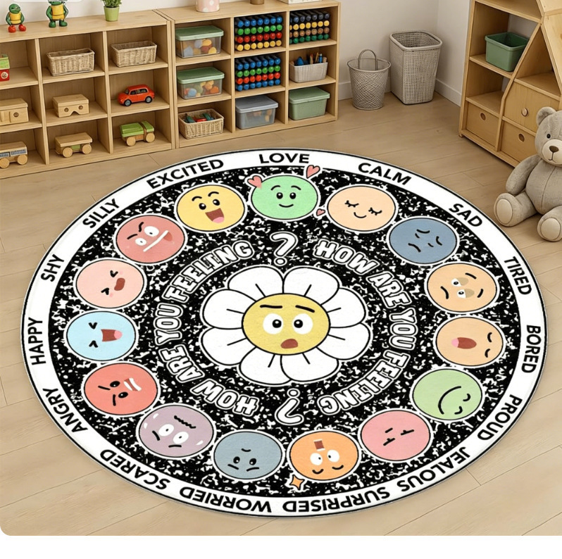 Kindergarten cartoon round carpet, early education center reading area mat, letter cartoon colorful, dirt-resistant, easy-to-clean floor mat