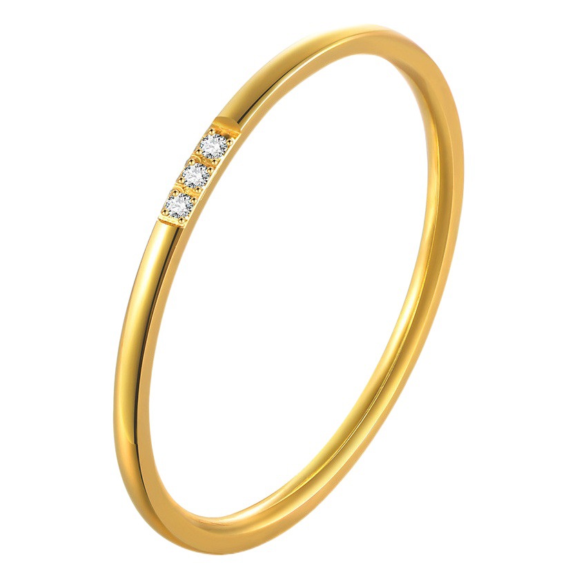 Japanese and Korean Minimalist Style Gold Ultra-Thin Single Diamond Round Coil Titanium Steel Ring for Women, Cool Style, Index Finger or Pinky Ring, Non-Fading