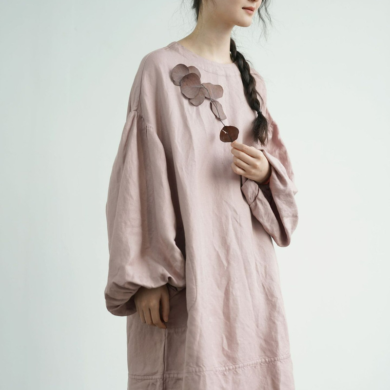 Original Artistic Herringbone Linen Blended Sleeve Dress Commuter All-Match Slim Simple Robe L25040