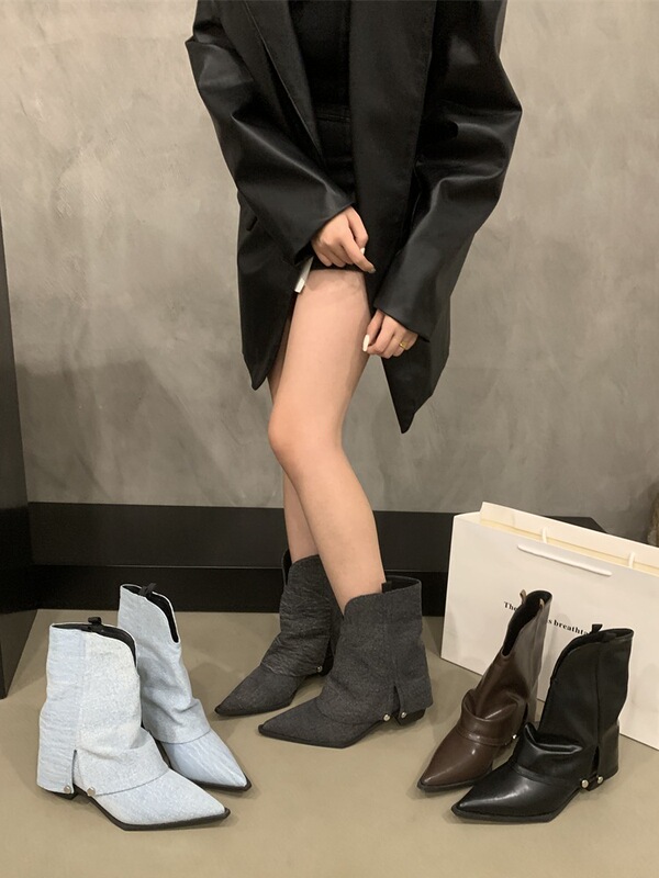 Thick heel pointed short trousers fried street short boots women's shoes 2023 new autumn and winter retro western Denim boots