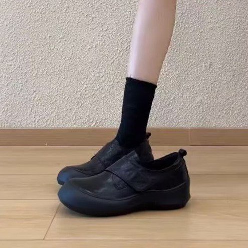 羊皮版~复古通勤真皮软底圆头小皮鞋女气质黑色厚底绝美运动单鞋|undefined