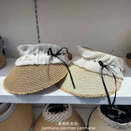 洋气网纱飘带女款夏季空顶草帽甜美法式百褶蝴蝶结沙滩无顶度假帽