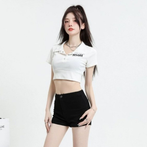 Ins personality pure desire spicy girl retro polo collar button short-sleeved straight-shoulder T-shirt women's slim-fit short crop top for women