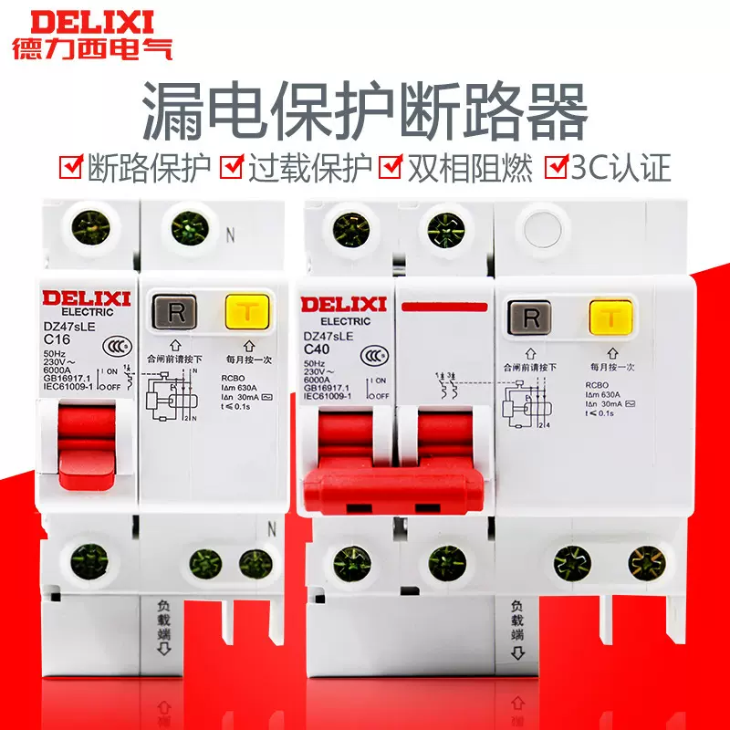 德力西DZ47SLE漏电保护器2P空气开关63A带漏保空开家用空开32A16A
