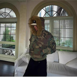 Reversible Thickeneded Imitation Rabbit Velvet Mountain Carved Fur Collar Camouflage Cotton Outwear Men's Cotton Outwear Winter Handsome Classy Outwear