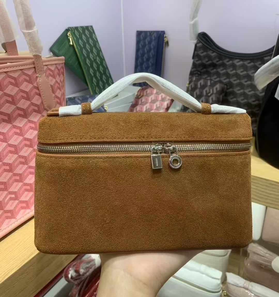 L19 Genuine Leather Handbag Matte Suede Lunch Bag Makeup Bag Shoulder Crossbody Bag Street Style - Thumbnail 6