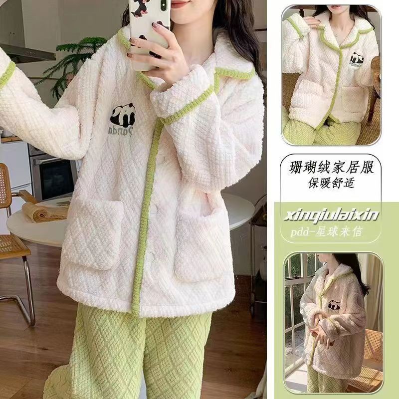 2025 otoño y invierno panda abrigo abrigo abrigo abrigo de mujer extranjería más camisa de terciopelo grueso pijama coral terciopelo lindo ocio