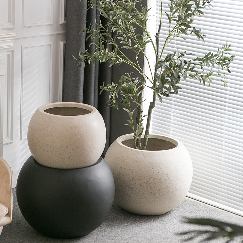 Maceta grande de suelo de barro de magnesio nórdico, decoración suave de bola redonda minimalista, sala de estar, casa de familia, centro comercial, decoración de villa