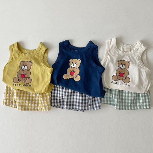 ins Korean summer children's clothing thin cotton loose sleeveless suit baby cartoon vest + plaid shorts two-piece trendy set