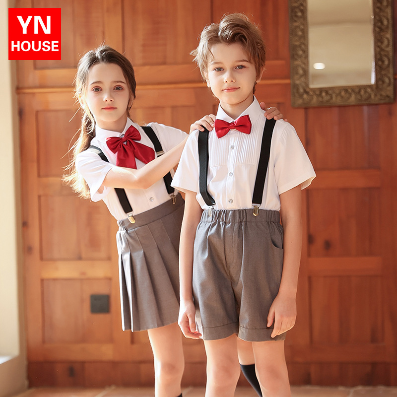 Trajes de interpretación de coro de verano para niños, trajes de tirantes de estilo británico para escuelas primarias y secundarias, uniformes de jardín de infantes, uniformes de clase de graduación