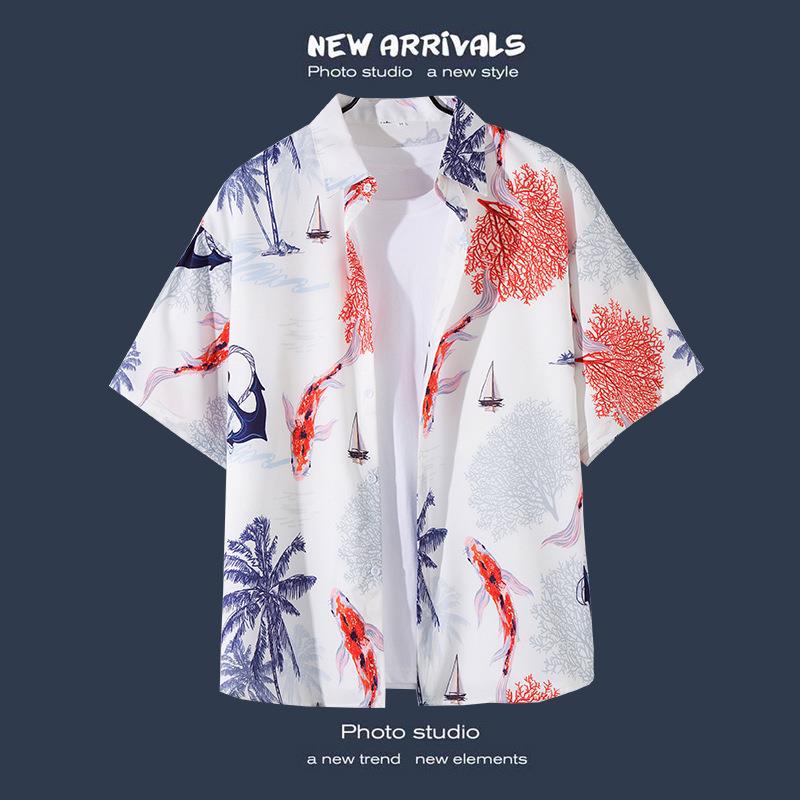 Camisas de manga corta estilo Hong Kong para hombres y mujeres, camisas florales de manga tres cuartos holgadas y delgadas de verano para playa hawaiana