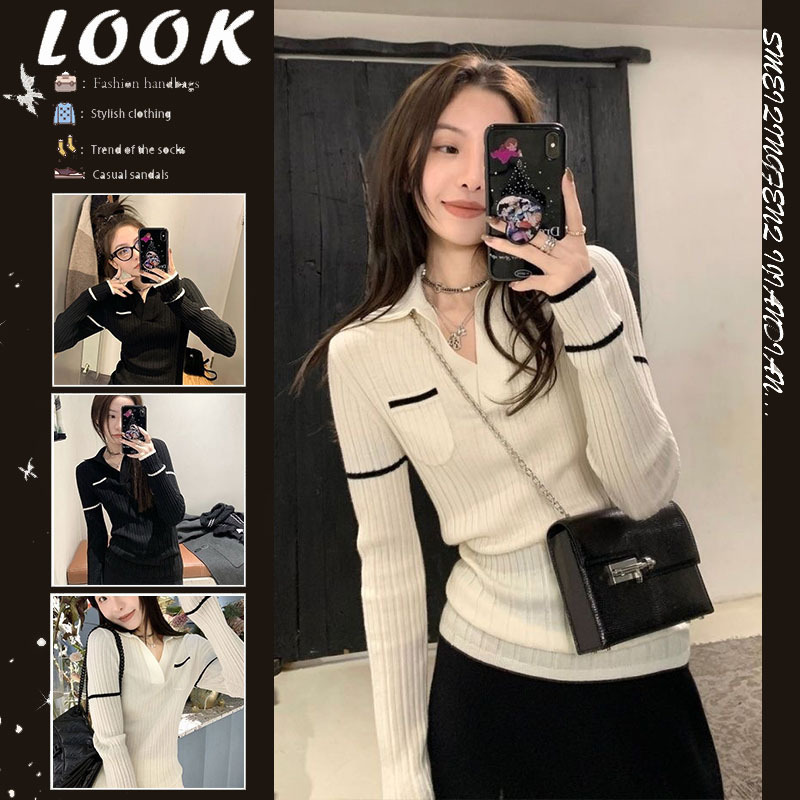 Pure design slimming long-sleeved Polo collar sweater women's autumn and winter 2023 new top versatile sweater fashion