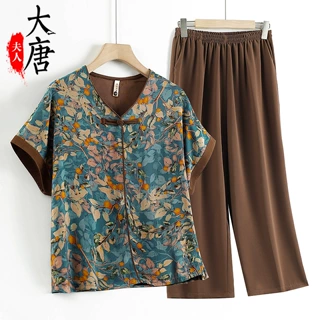 中老年人妈妈夏套装短袖新款奶奶夏装T恤洋气老人老太太衣服宽松