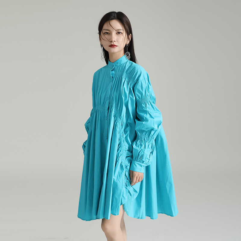 2025 European and American Dress Fashionable and Trendy Asymmetrical Smocked Lantern Sleeve Large Hem Shirt Dress 1031 3