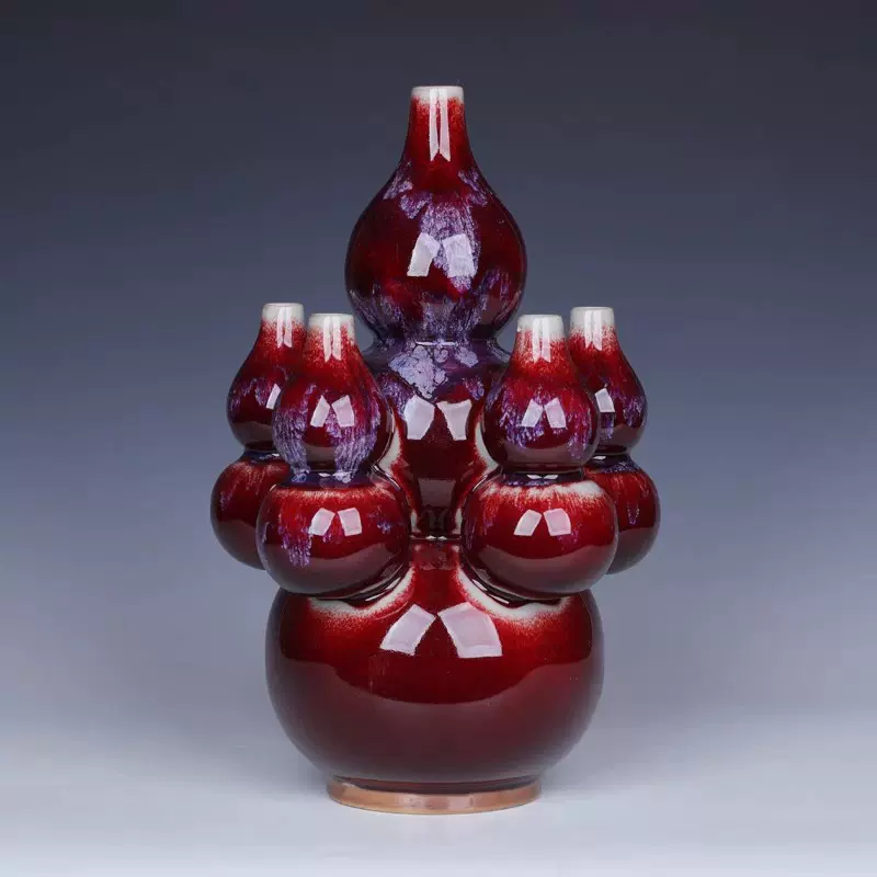 景德镇陶瓷器红色五福葫芦钧瓷花瓶摆件开口客厅家居工艺品大号