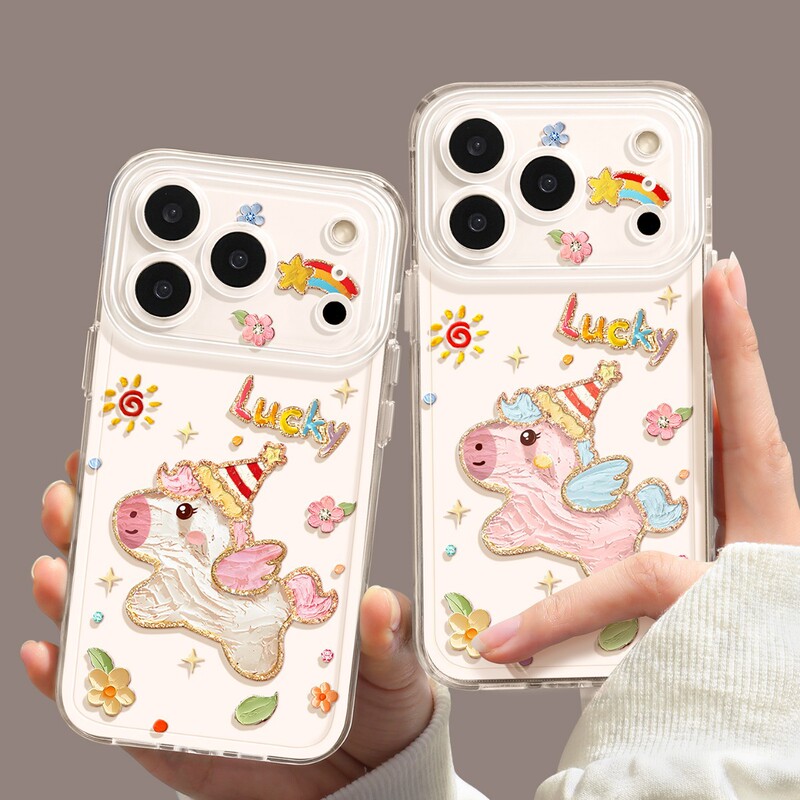 Uston Transparent Phone Case for Apple 17 Pro Max with Lanyard, iPhone 17, iPhone 16, Oil Painting Pony Design