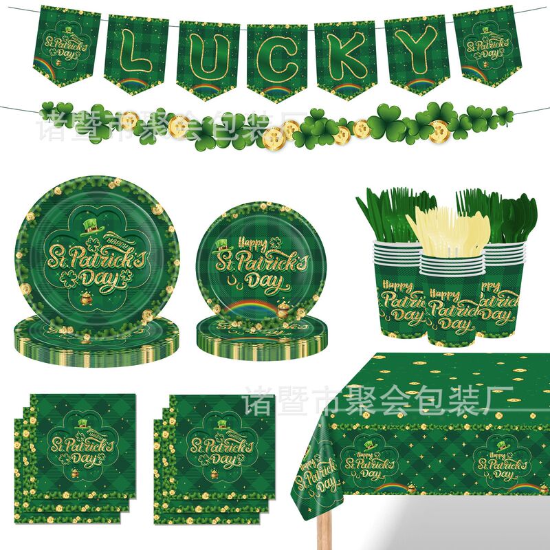 St. Patrick's Day Themed Party Tableware Green Clover Disposable Tablecloth Hat Paper Plate Tissue Supplies St. Patrick's Day Themed Party Tableware Green Clover Disposable Tablecloth Hat Paper Plate Tissue Supplies