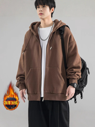 Lined and Thickened Solid Color Hooded Sweatshirt Jacket for Autumn and Winter Streetwear, Loose Fit New Trendy Teenage Boys' Apparel