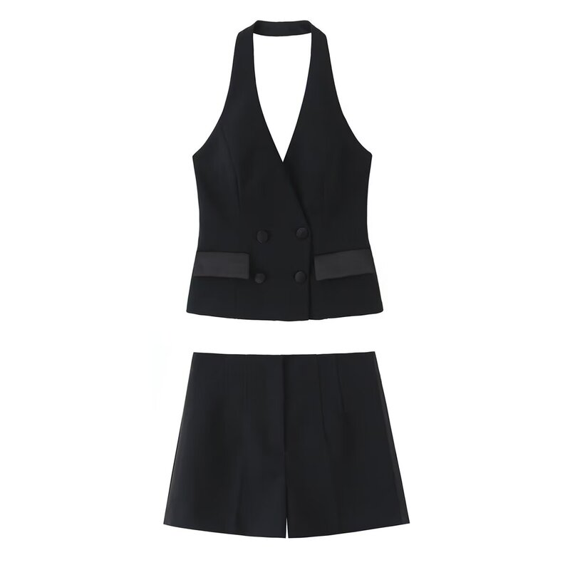 Foreign Trade Women's Clothing 2026 New Style Light Luxury Charming Halter Neck Backless Tuxedo Vest + High-Waisted Shorts Set