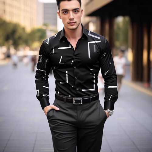 Men's Shirt, New Men's Casual Unstructured Four-Way Stretch Print Shirt, Spring and Autumn Long-Sleeve Shirt