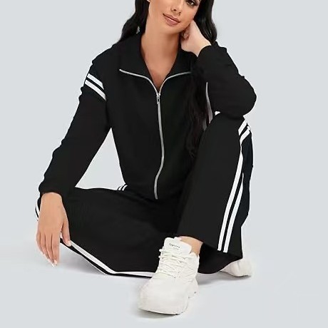 休闲拉链运动两件套装撞色条纹阔腿慢跑裤旅行运动alo瑜伽服套装|undefined