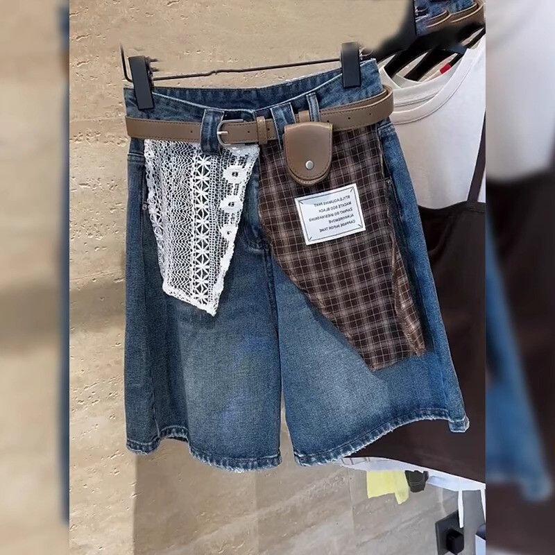 [Guangzhou Xintang Denim] Retro Lace Plaid Splicing Denim Shorts for Women Summer High Waist Wide Legs