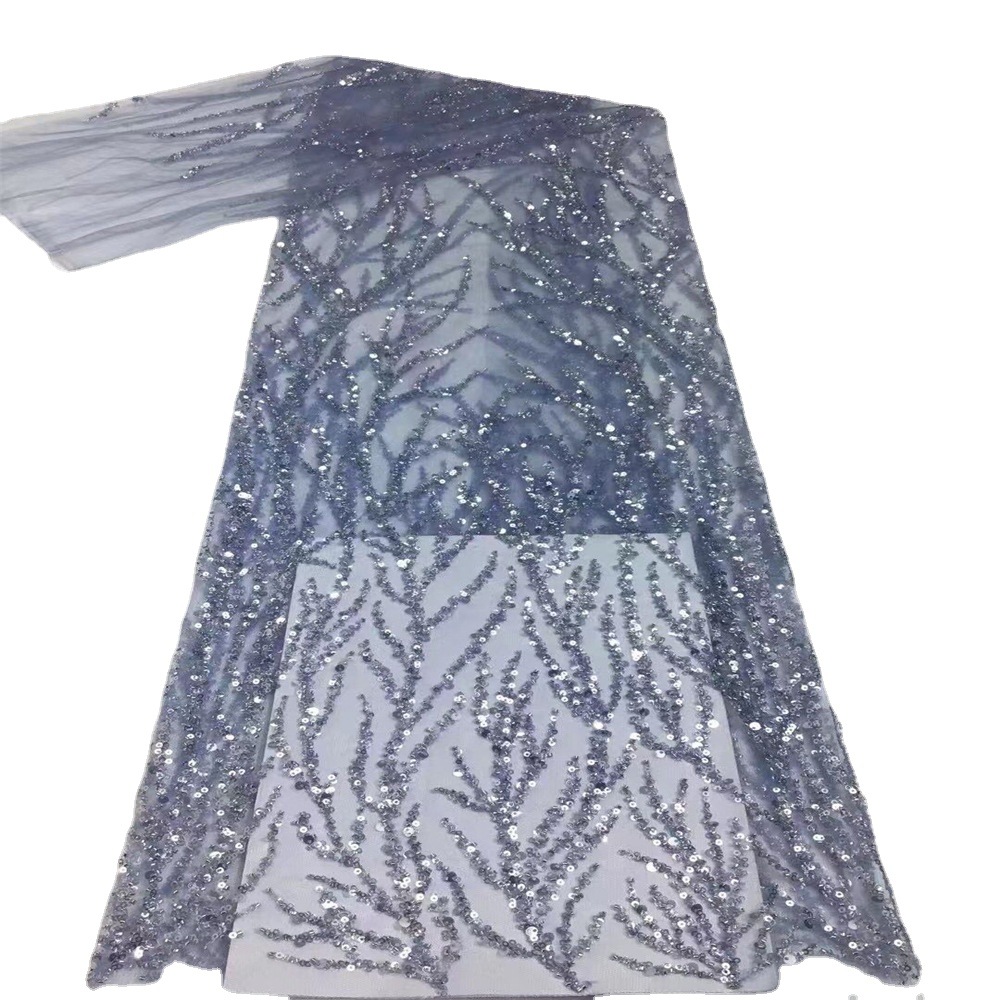 5码现货批发珠管绣花布优雅婚纱晚礼服时装面料 重工网纱绣花面料