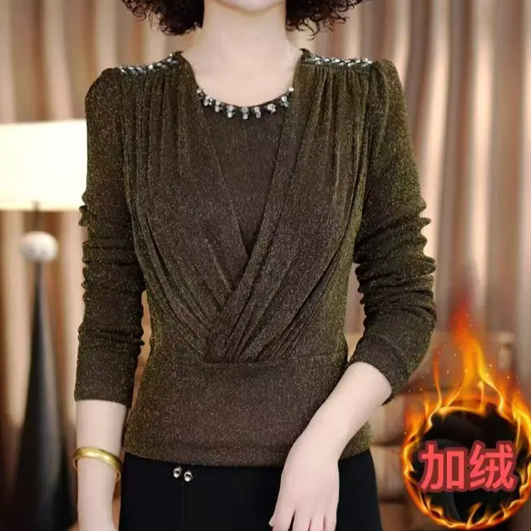 [in Stock] Elegant Beaded Lace Round Neck Thickened Printed French Style Spring Blouse for Middle-Aged Women with Shimmering Threads