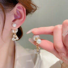 銀針鑲鑽愛心珍珠雙面帶耳環法式時尚高級感優雅氣質耳釘新款發飾