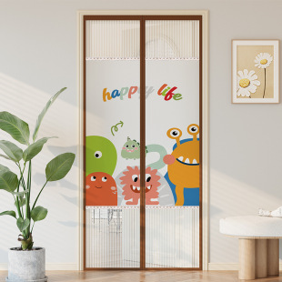 Cartoon text up and down mesh household mosquito-proof gauze curtain magnetic door curtain self-adhesive self-priming Velcro punch-free door curtain