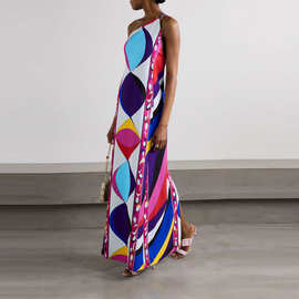 欧美跨境独立站外贸女装2026年夏季新款休闲知性风挂脖印花连衣裙