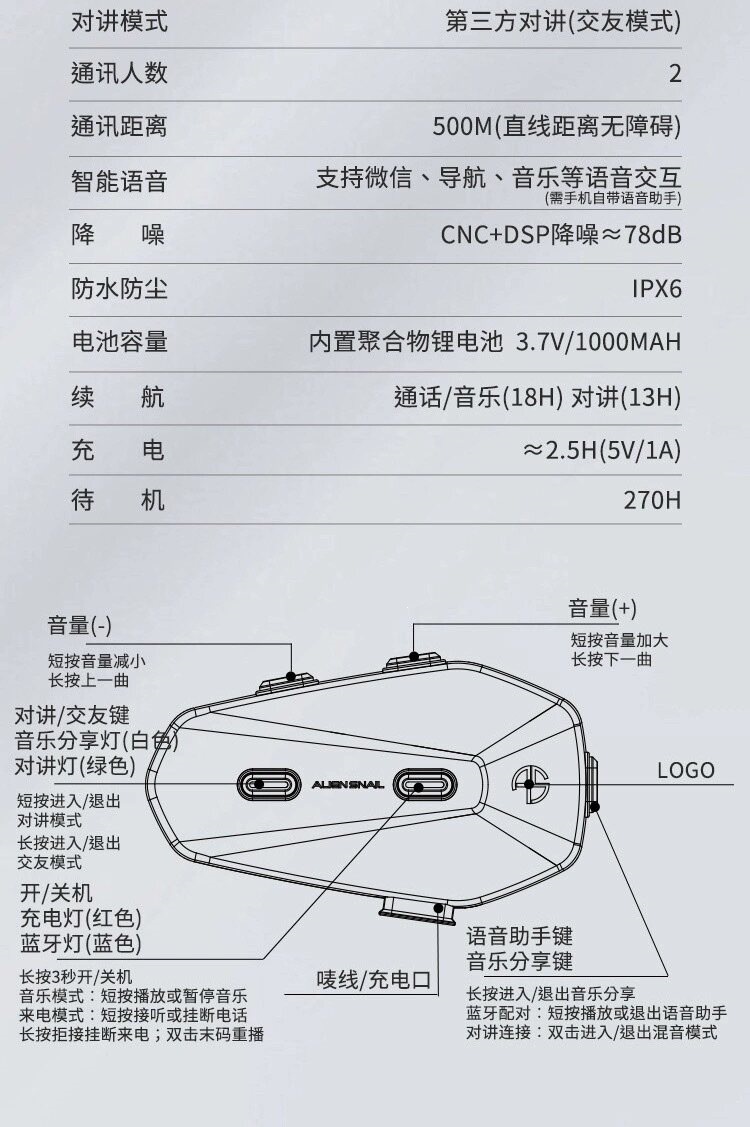 Suitable for Alien Snail motorcycle helmet Bluetooth headset intercom for riding and delivery, noise reduction, long battery life