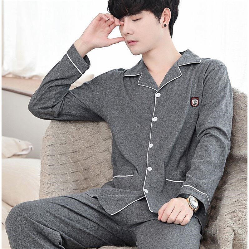 100% algodón Pijama de primavera y otoño de los hombres de manga larga pantalones de algodón de la juventud de los hombres delgados traje de desgaste para el hogar